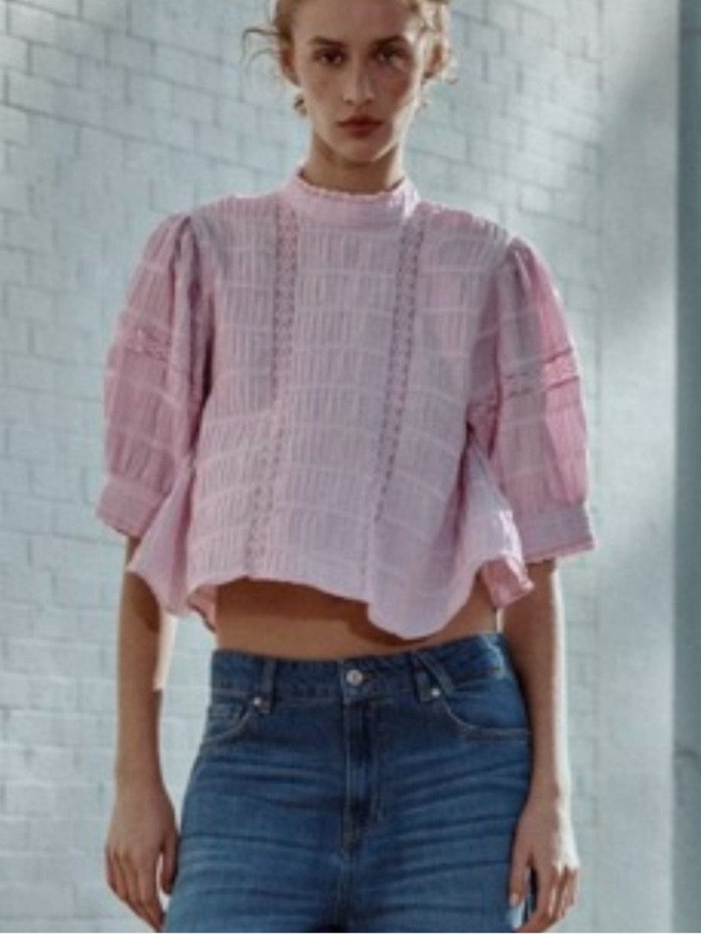 Zara Pink Lace-Detail Puff Sleeve Crop Top